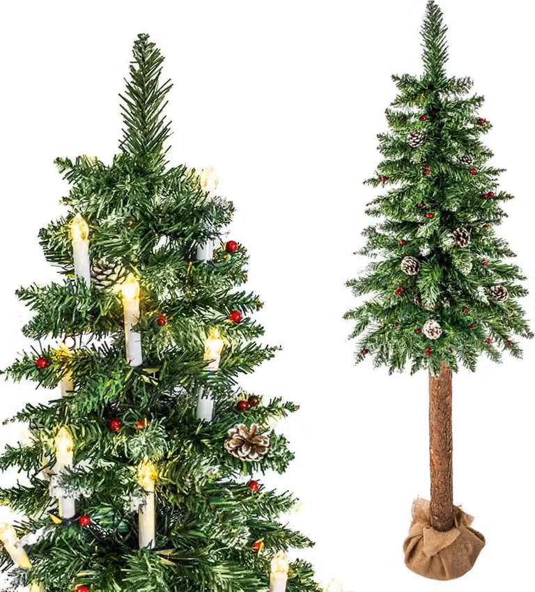 Albero di Natale artificiale con tronco in legno - 220 cm + neve e decorazioni