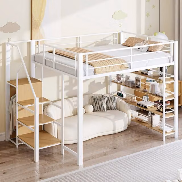 Letto a soppalco WISHDOR per bambini in metallo e MDF bianco con scala contenitore, armadietto e cassetti, L/P/H: 200 x 140 x 170,5 cm