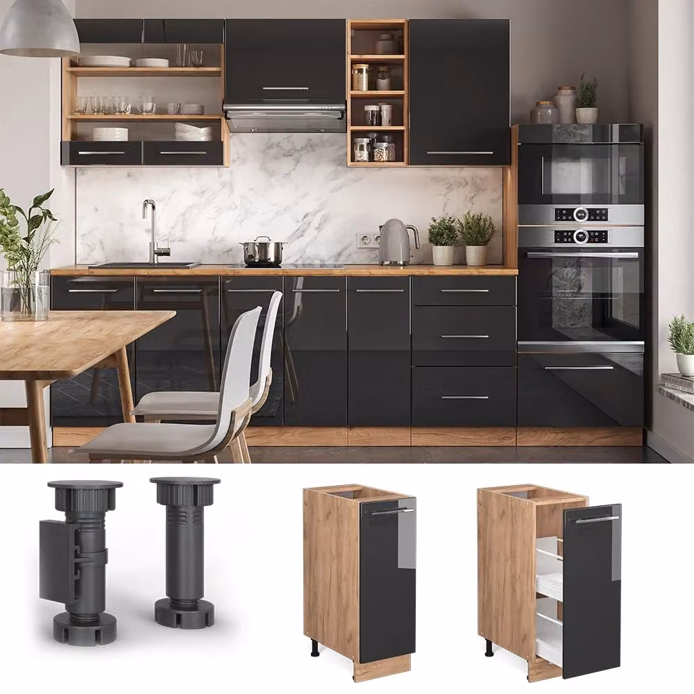 Armadio dispensa da cucina Vicco Fame-Line Antracite lucido e Rovere dorato con ripiani interni e portabottiglie L: 30 cm, P: 51,6 cm, H: 82 cm – 2