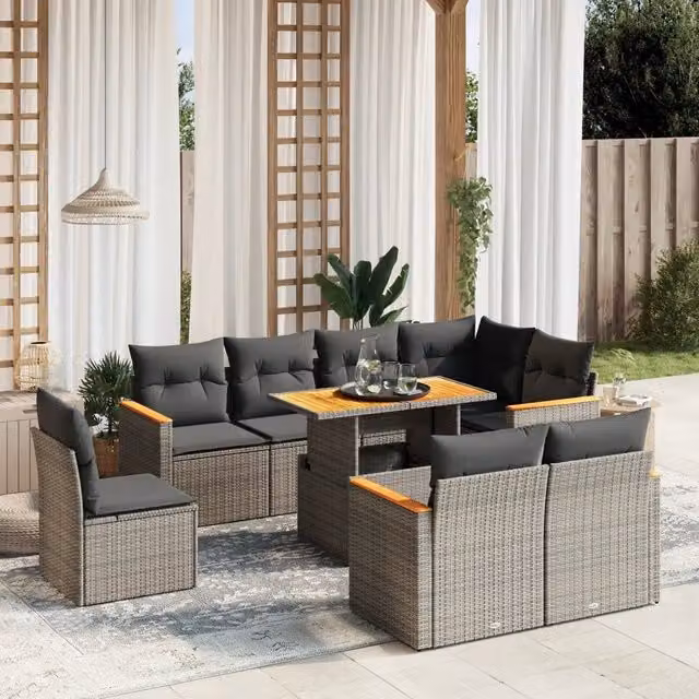 Set Divano da Giardino 9 pz con Cuscini Grigio in Polyrattan 3273174