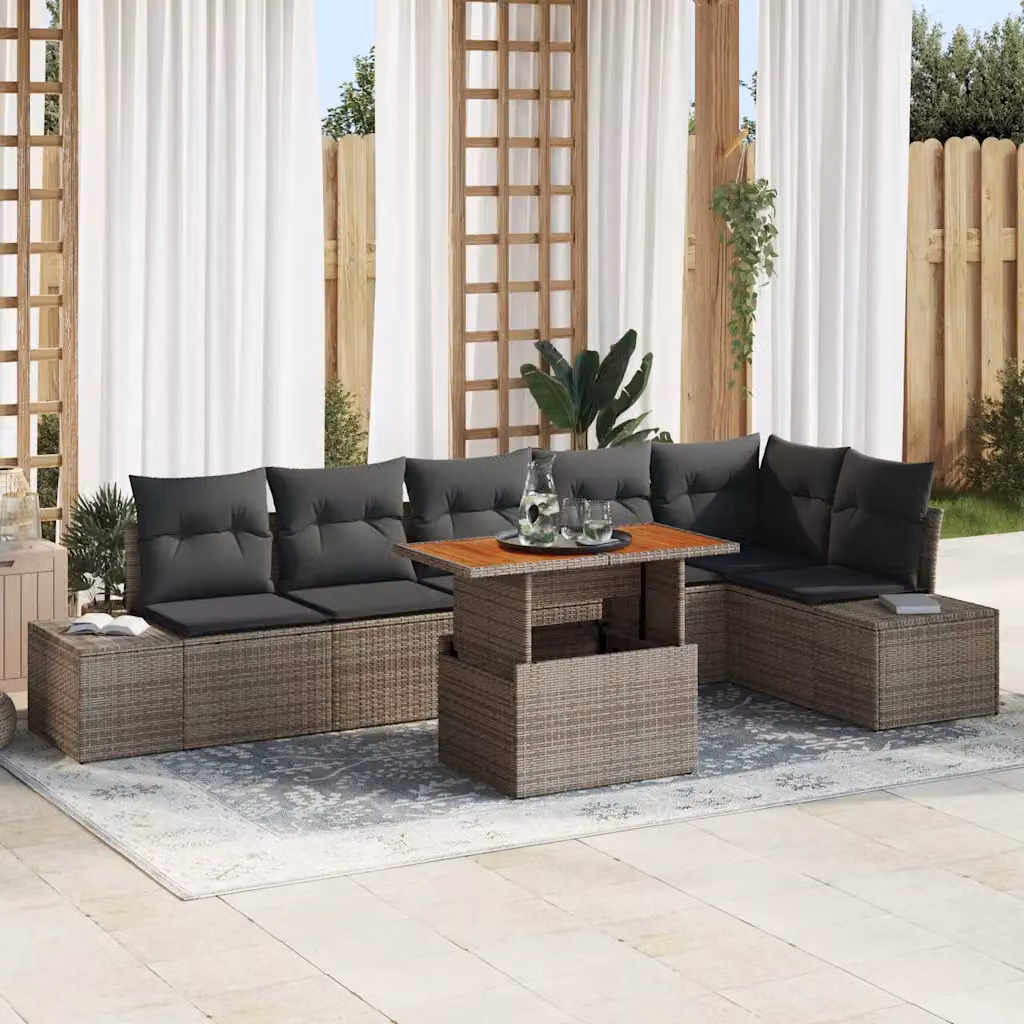 Set Divano da Giardino vidaXL a Forma a U in Poly Rattan Grigio con 7 Sedute e Cuscini – 1