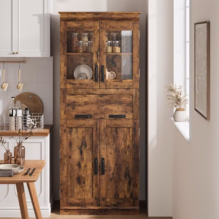 Dispensa alta 170 cm, con ante e cassetto, in legno di colore marrone rustico