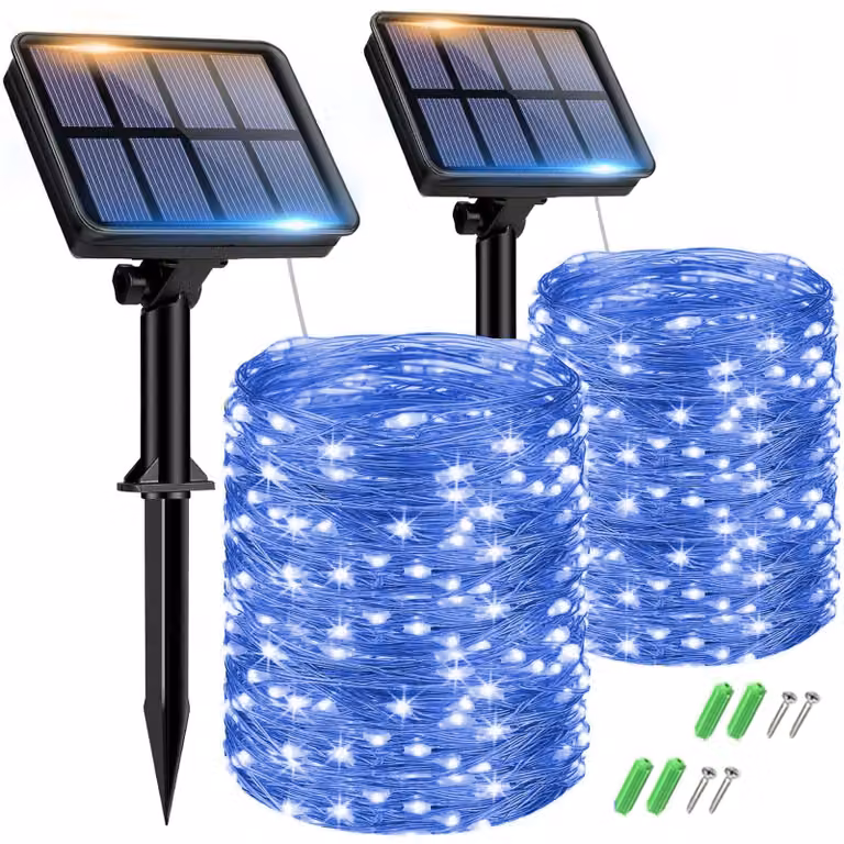 Catena luminosa solare, 2 x 15 metri, 150 LED, luce calda, grado di protezione IP65, 8 modalità, colore blu