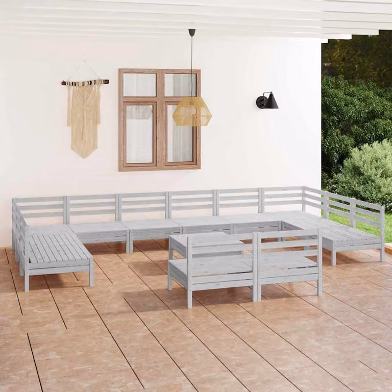 vidaXL Set Salotto da Giardino a L in Legno di Pino Bianco con Cuscini, 13 Pezzi