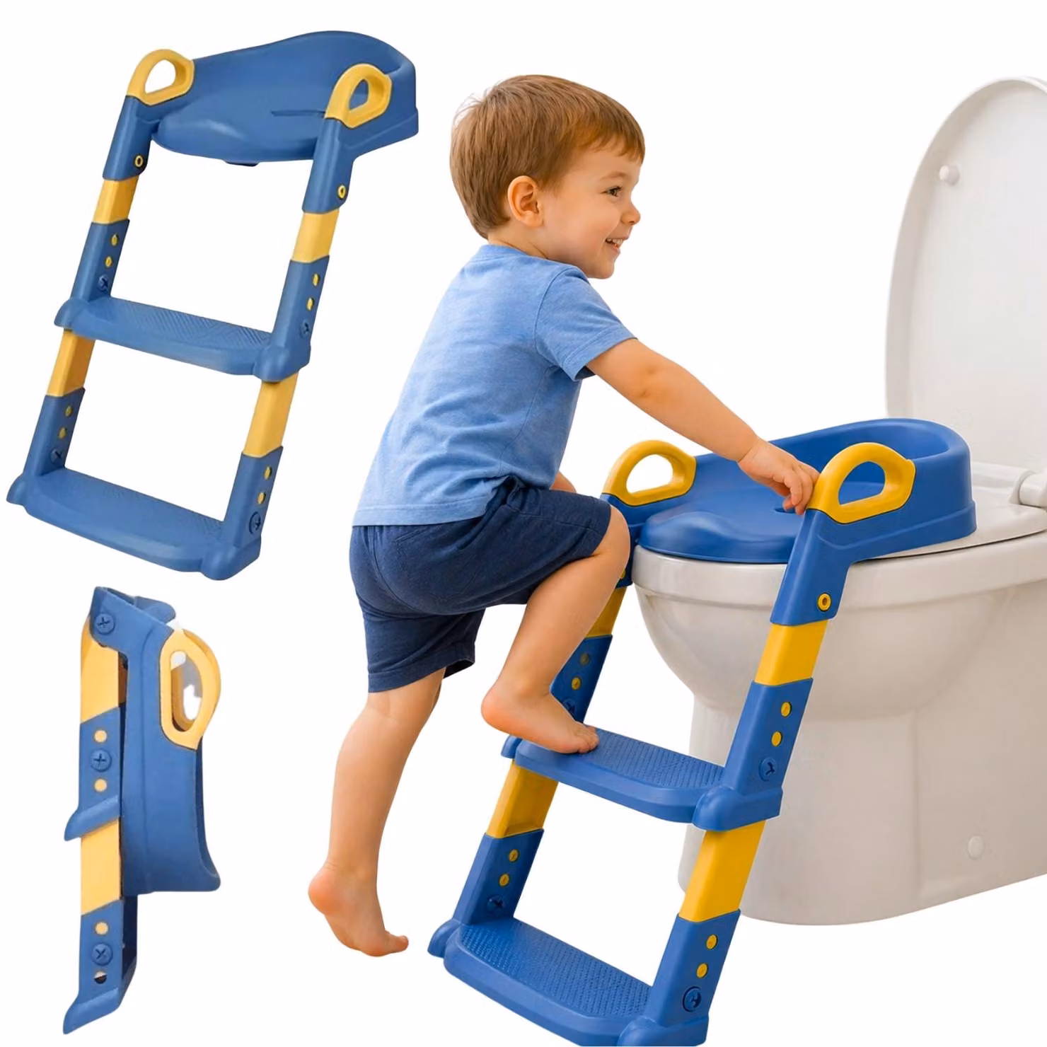 Riduttore toilette bambini blu gradini regolabili in altezza schienale comodo soluzione pieghevole per bagno