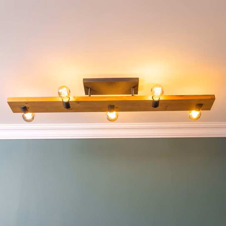Lampada a soffitto in stile rustico, 5 luci, attacco E27, legno nero, 115 cm