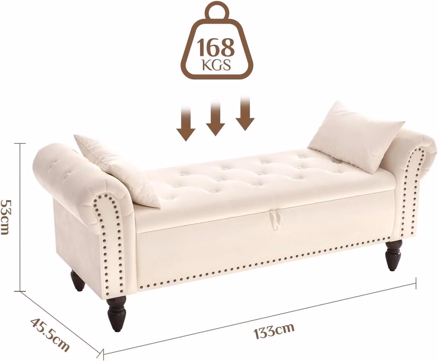 Panca contenitore imbottita - Panca ottoman con braccioli - Lunghezza 133 cm - Ampio spazio di stoccaggio - Struttura in metallo - Panca da letto per camera da letto e soggiorno - Beige