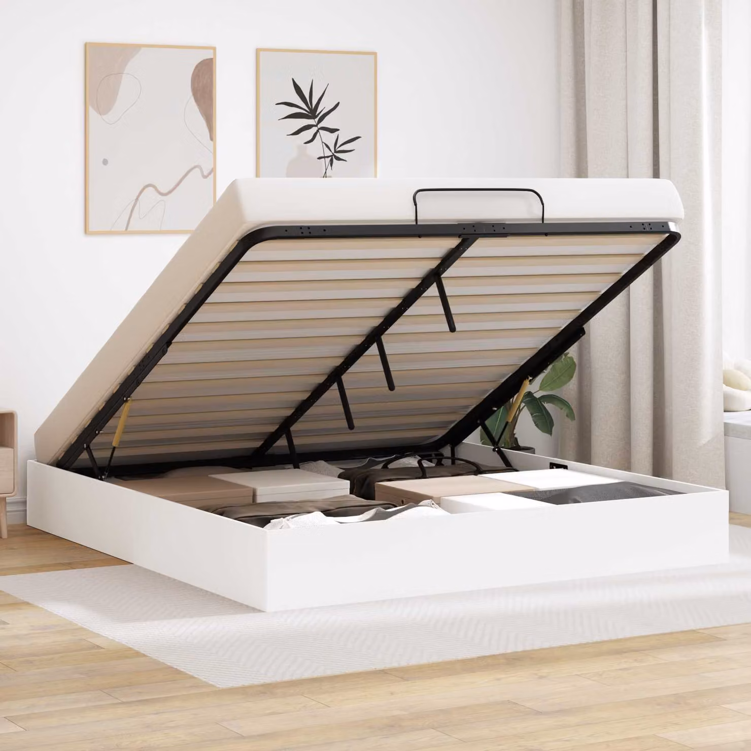 Letto ottomano moderno vidaXL in legno ingegnerizzato bianco L 180 x P 200 cm con base a sollevamento – 1