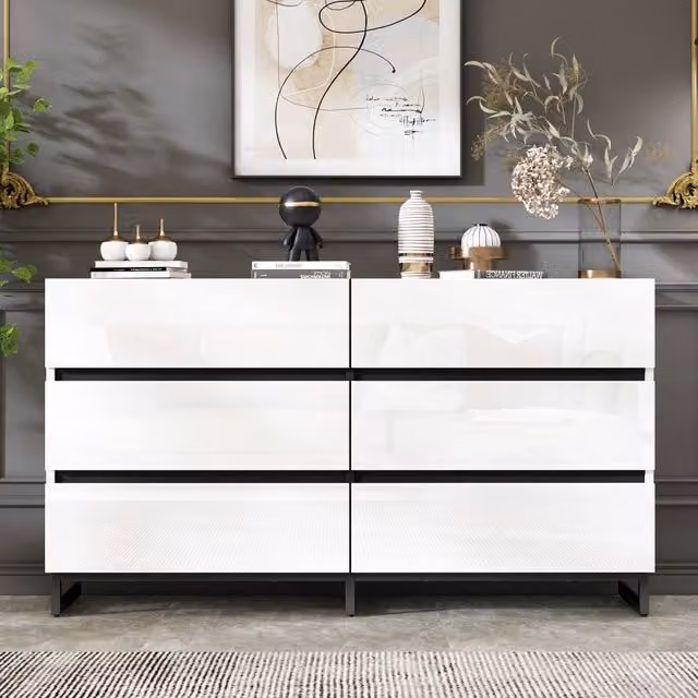 Sideboard moderno WISHDOR per soggiorno con 6 cassetti, finitura lucida bianco e nero, L: 140 cm, P: 39,5 cm, H: 78,5 cm