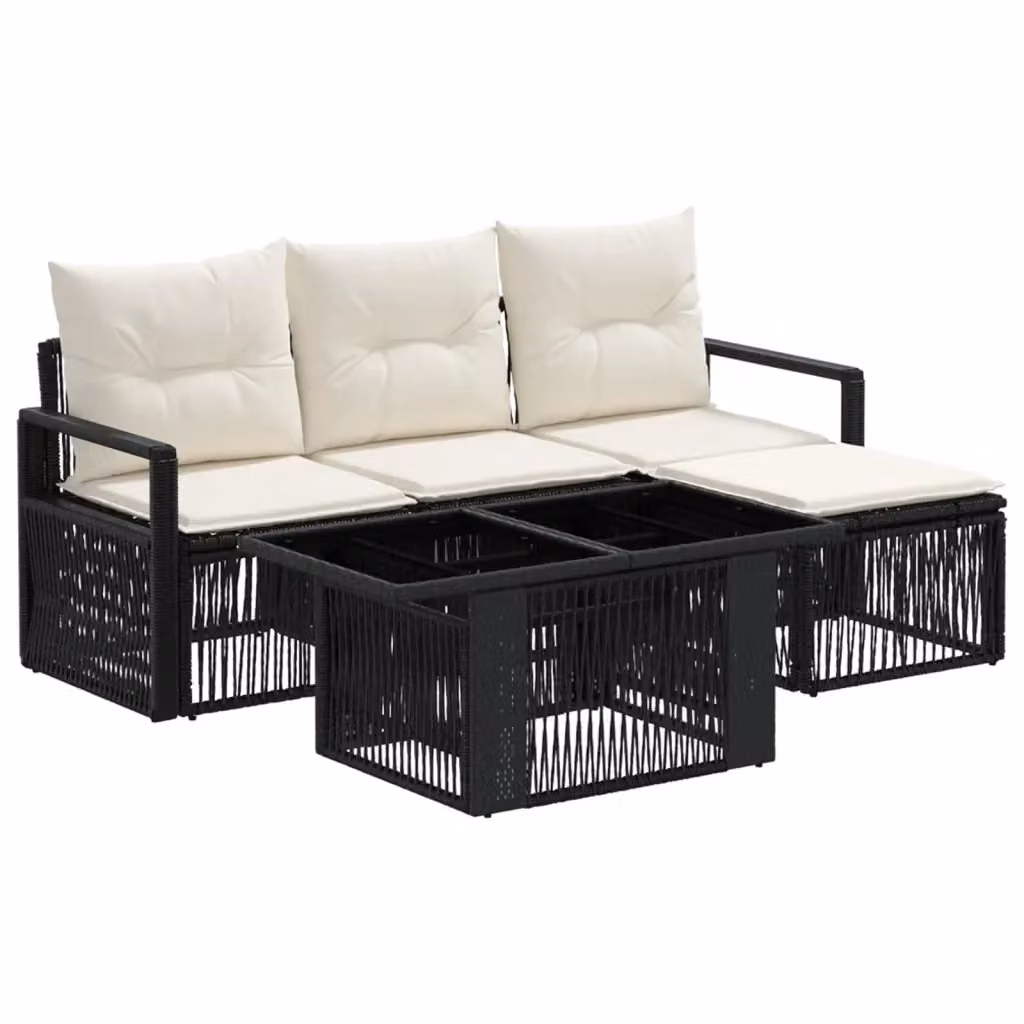 Set Divano da Giardino 5 Pezzi vidaXL in Polyrattan Nero e Bianco Crema con Cuscini e Tavolino – 2
