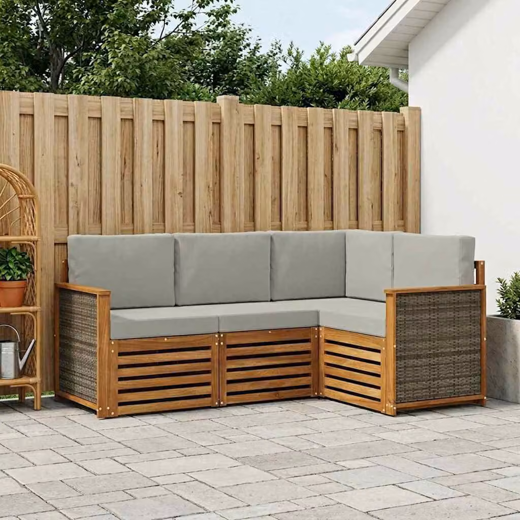 Set di divani da esterno a L vidaXL in legno di acacia con cuscini in poliestere resistente ai raggi UV, grigio e marrone