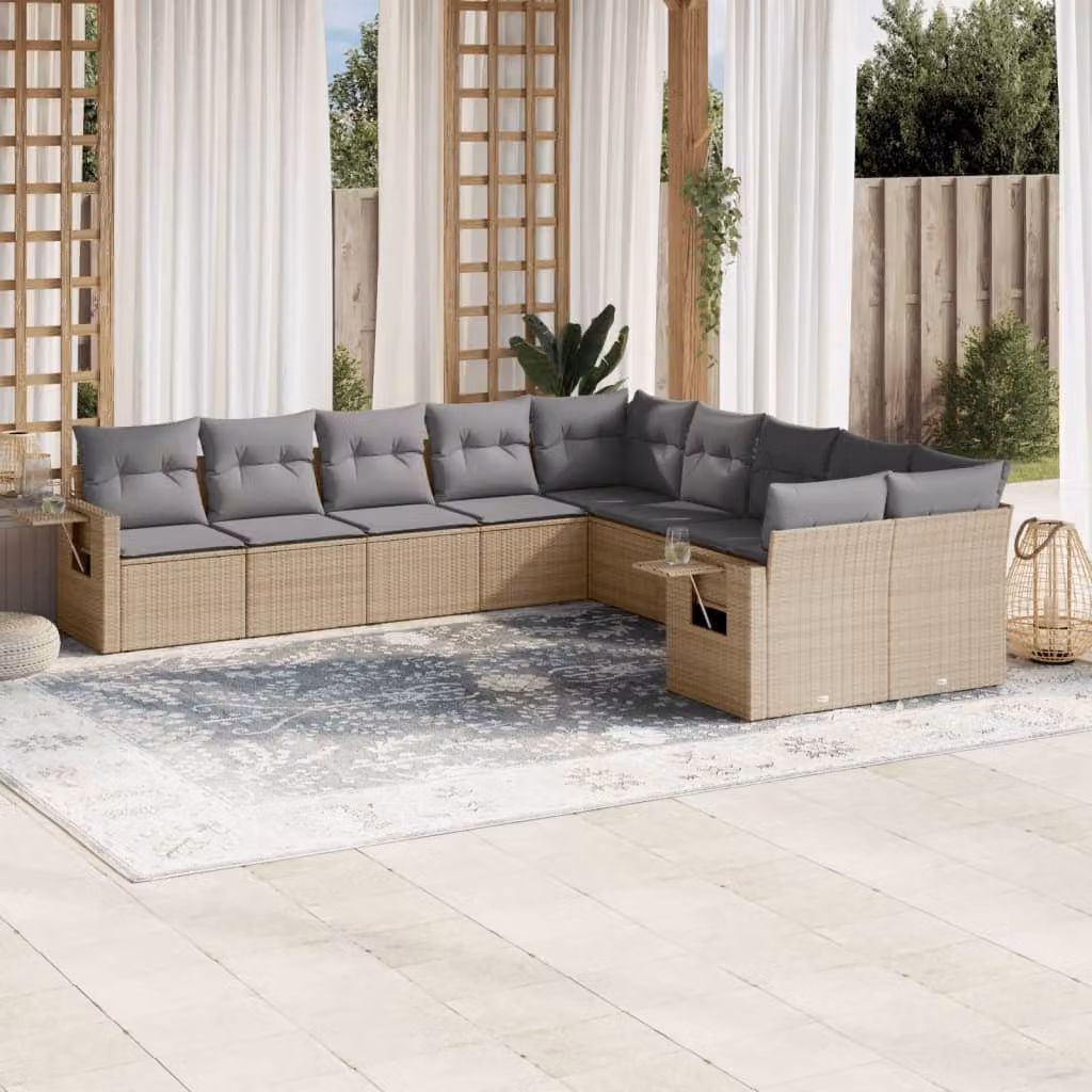vidaXL Set Divano da Giardino 10 pz con Cuscini Beige in Polyrattan e Acciaio Verniciato a Polvere – 1