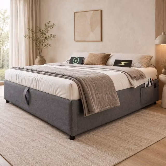Letto matrimoniale contenitore 160x200 cm senza testiera in cotone lino grigio con USB e Type-C HAVRYA
