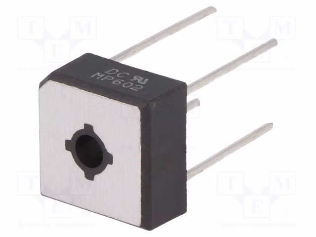 Raddrizzatore a ponte: monofase; Tensione massima: 200V; Corrente continua: 6A; Corrente di spunto: 175A. MP602. Ponte di diodi monofase, forma quadrata