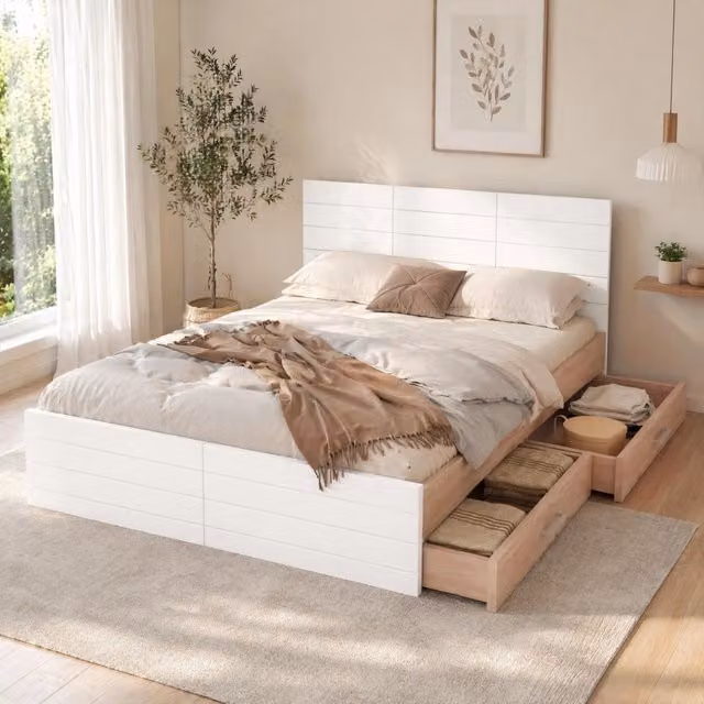 Letto matrimoniale ULEVR 160x200 cm con 2 cassetti reversibili e rete a doghe, bianco e rovere chiaro