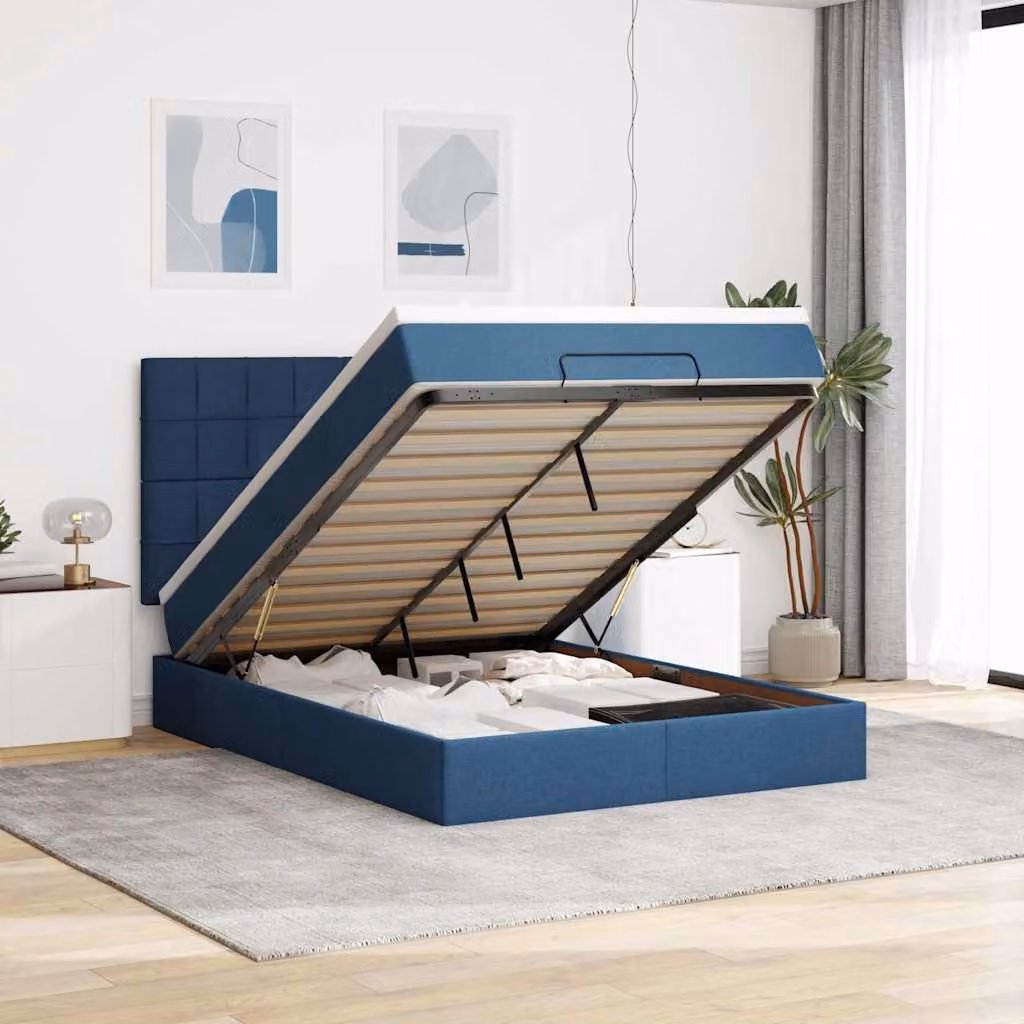 vidaXL Struttura Letto con Contenitore e Materasso in Tessuto Blu e Bianco, L/P/H: 200 x 140 x 28 cm
