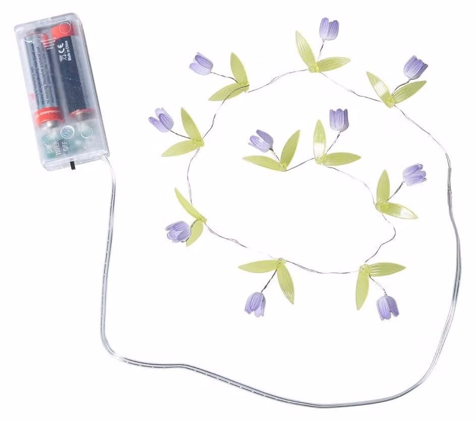 Catena luminosa a forma di fiori LED, 10 LED bianco caldo, 75 cm, con timer, color lilla