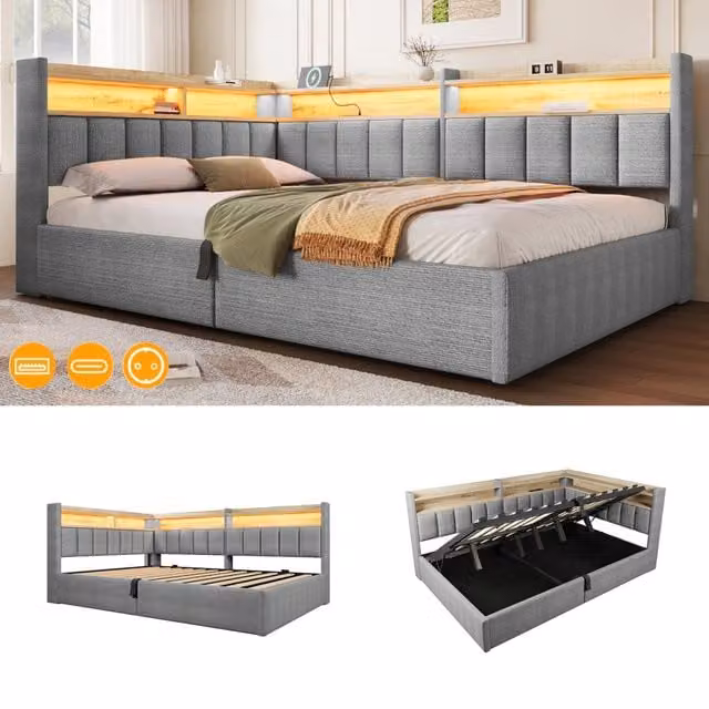 Letto imbottito 140x200 in velluto grigio con contenitore; LED RGB e porte USB
