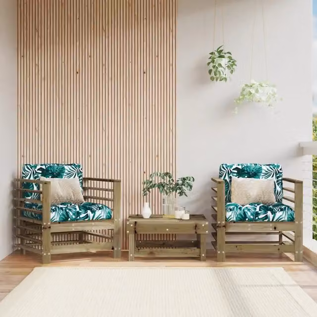 Set di 2 sedie da giardino vidaXL in legno di pino trattato con cuscini verdi e braccioli in stile rustico – 1