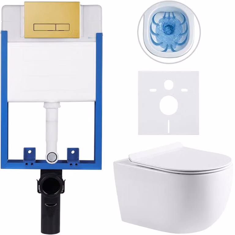 CERANO - Set completo per WC da incasso Lite/Felci - bianco lucido - pulsante WC Slim, dorato - da incasso - 52,5x36 cm