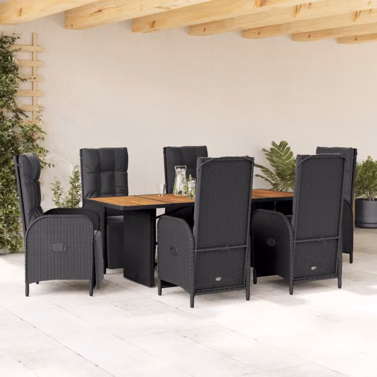 Set da Pranzo da Giardino vidaXL 7 pz in Polyrattan e Legno di Acacia Nero con Cuscini