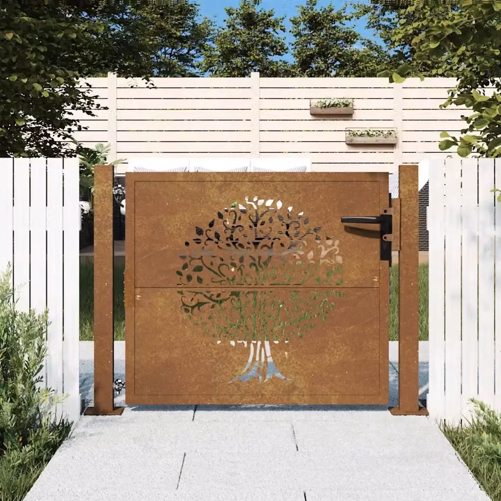 Cancello singolo da giardino in acciaio Corten marrone con design ad albero CFW2373038 – 2