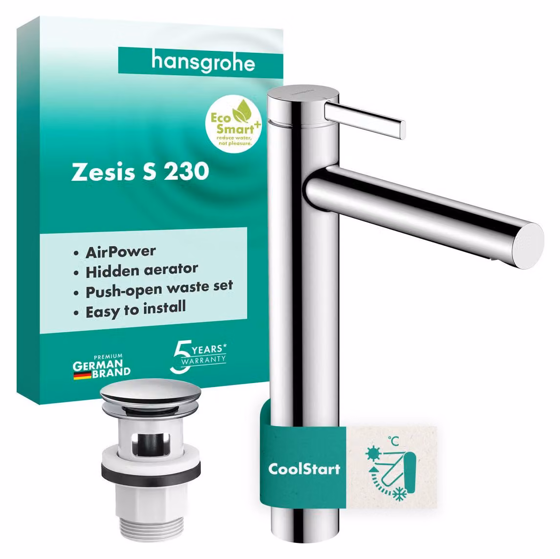 hansgrohe Zesis S Mitigeur monocommandé de lavabo 230 CoolStart pour lavabos à poser, avec vidage Push-Open, 74732000, 74732000