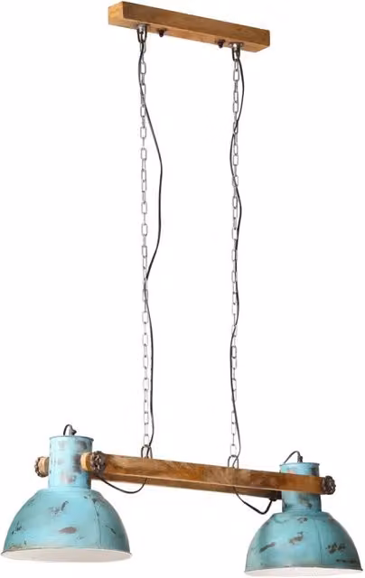 Lampada Pensile Industrial in Metallo e Legno Blu Anticato CFW6371207 con Attacco E27, L/P/H: 85 x 28 x 109 cm