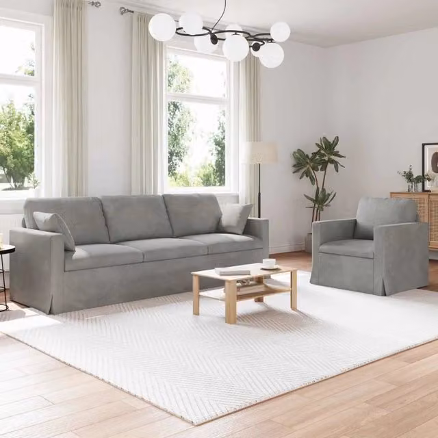 Set di divani angolari a L vidaXL in velluto grigio con cuscini inclusi e coperture rimovibili – 1