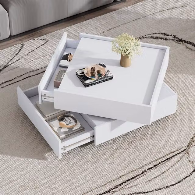 Tavolino da Salotto Funzionale, 60x60x38 cm, Piano Girevole a 360° con 2 Ripiani e Spazio Contenitore, Struttura Bianco Puro