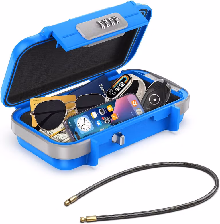 LOCK: Cassaforte portatile, scatola di sicurezza con combinazione numerica, impermeabile, anti-furto, mini cassaforte con serratura a combinazione e cavo in acciaio rimovibile. Scatola portachiavi per la casa, colore blu