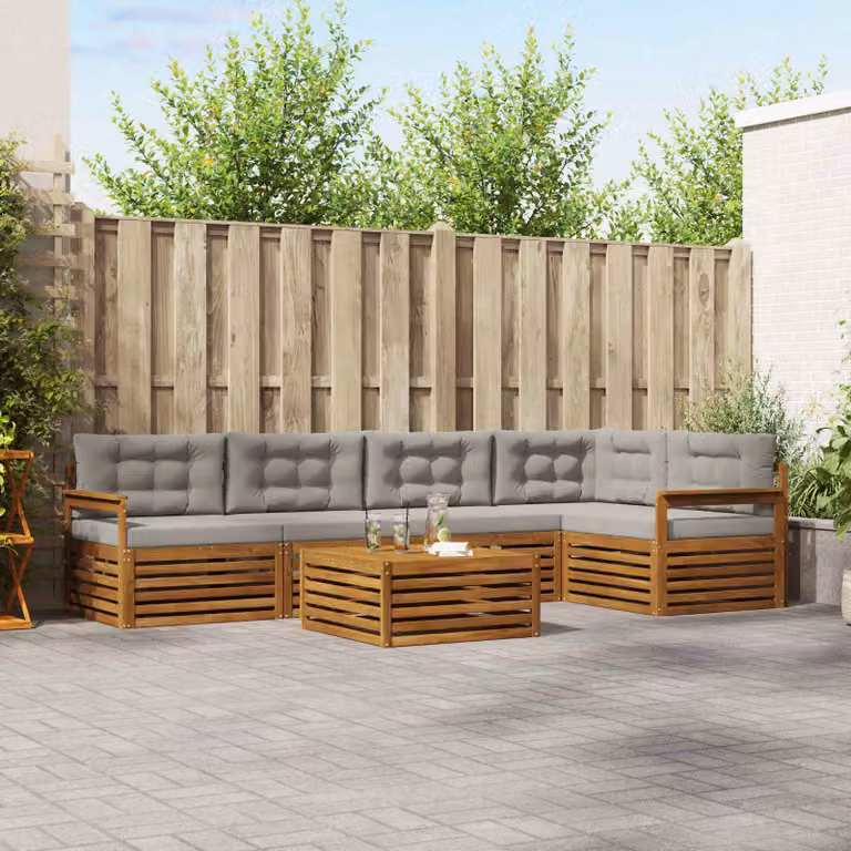 Set di divani da esterno vidaXL a forma di L composto da 6 pezzi con tavolino da caffè, in legno di acacia trattato, colore grigio e marrone