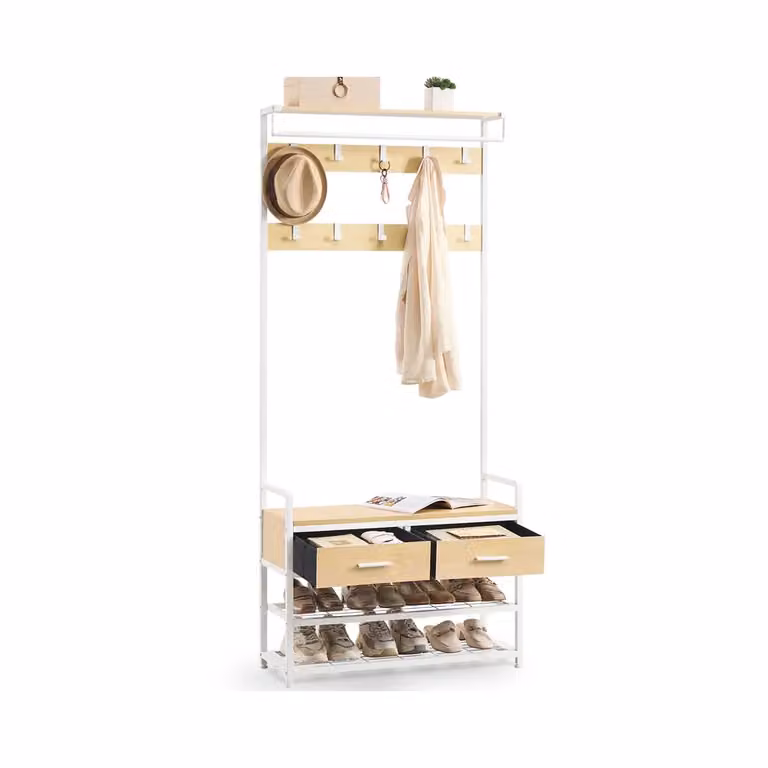 Appendiabiti da Ingresso con Ganci Rimovibili Cassetti Panca Scarpiera, Rovere Dorato + Bianco Opaco