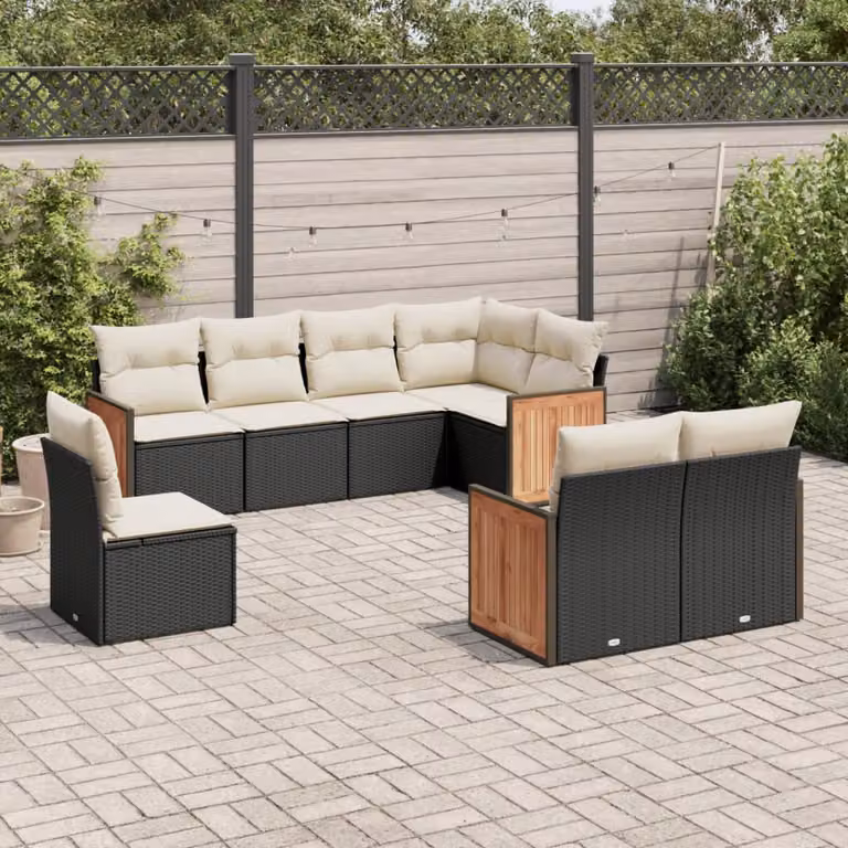 Set di divani da giardino vidaXL a forma di L in polyrattan nero con 8 cuscini inclusi