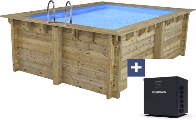 Piscina fuori terra quadrata Maldive Habitat Et Jardin in legno e metallo con mini pompa di calore 3,5 kW, L/P/H: 320 x 320 x 124 cm, Grigio