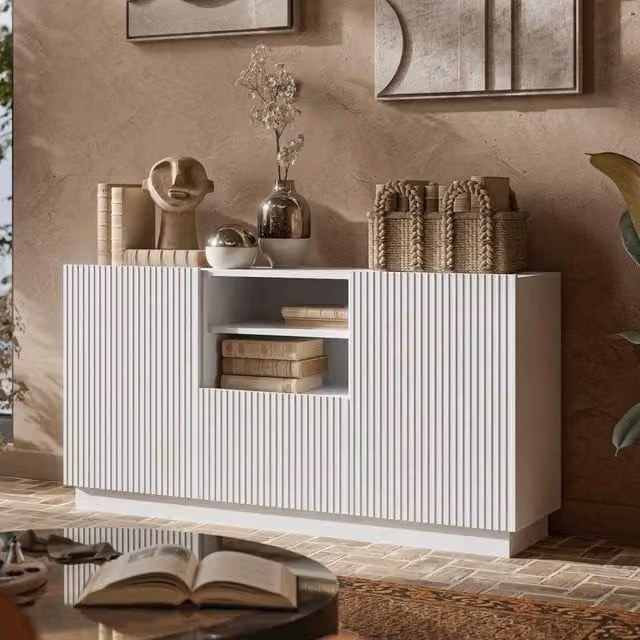 Madia Serchio DMORA, Credenza Moderna con 4 Ripiani e Cassetti Soft Close, Bianco Opaco, L: 150 cm, P: 40 cm, H: 78 cm