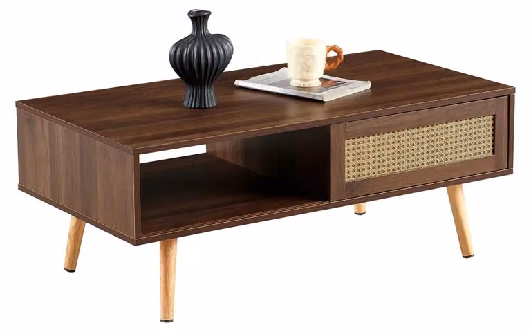 Tavolino in rattan – Tavolino da soggiorno – Ante scorrevoli – Spazio contenitivo – Gambe in legno massello – 105 x 55 x 40 cm – Marrone con pannello MDF