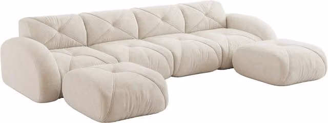Divano modulare a U senza struttura, 4 posti con 2 pouf, tessuto chenille beige chiaro, design antiscivolo, ideale per il soggiorno