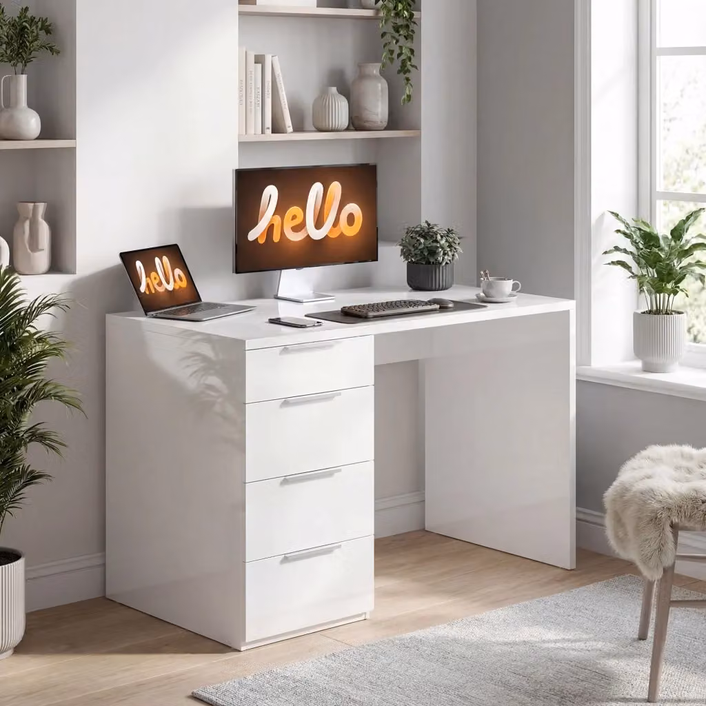 Scrivania da ufficio Giordanoshop moderna con cassettiera in MDF bianco lucido L: 110 cm, P: 61,5 cm, H: 75 cm – 2