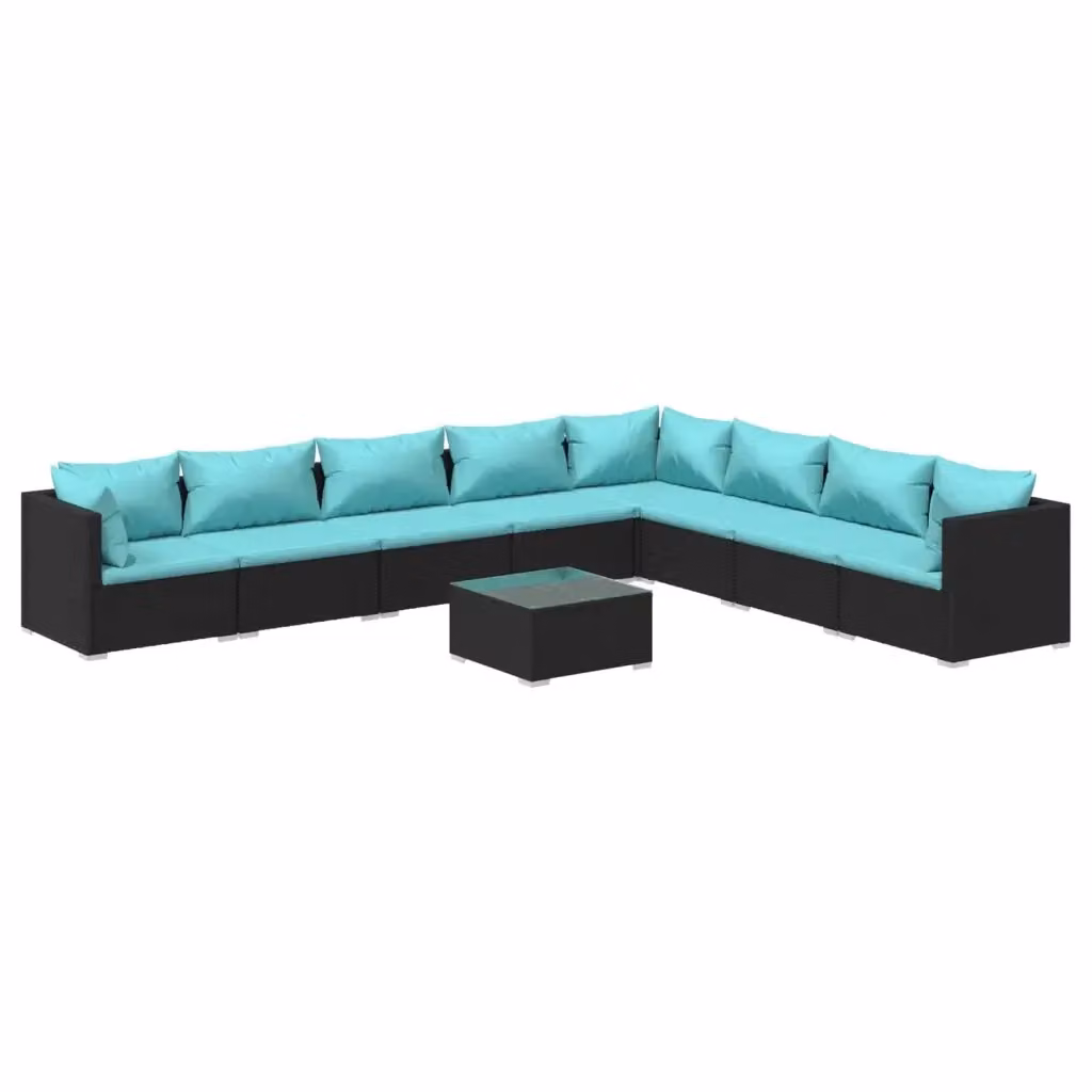 Set da giardino moderno vidaXL composto da 9 pezzi con divani a forma di U, tavolino da caffè e cuscini colorati nero, blu e turchese con struttura in metallo e rivestimento in rattan – 2