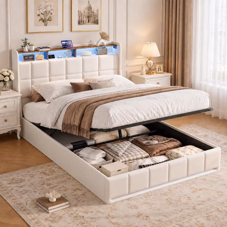 Letto imbottito con boxspring INONEFT, 140 x 190 cm, con sistema di sollevamento idraulico e spazio contenitore, letto matrimoniale con USB e LED, adatto anche per ragazzi, colore beige