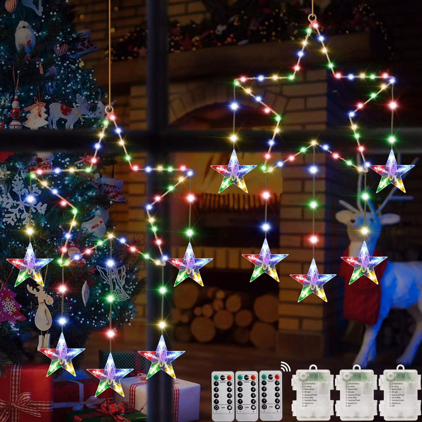 Set di 2 stelle luminose a LED per finestre, 62 LED, 8 modalità, multicolore, decorazioni natalizie