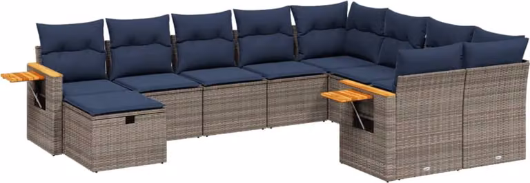 Set Divani da Giardino 10 pz con Cuscini Grigio in Polyrattan
