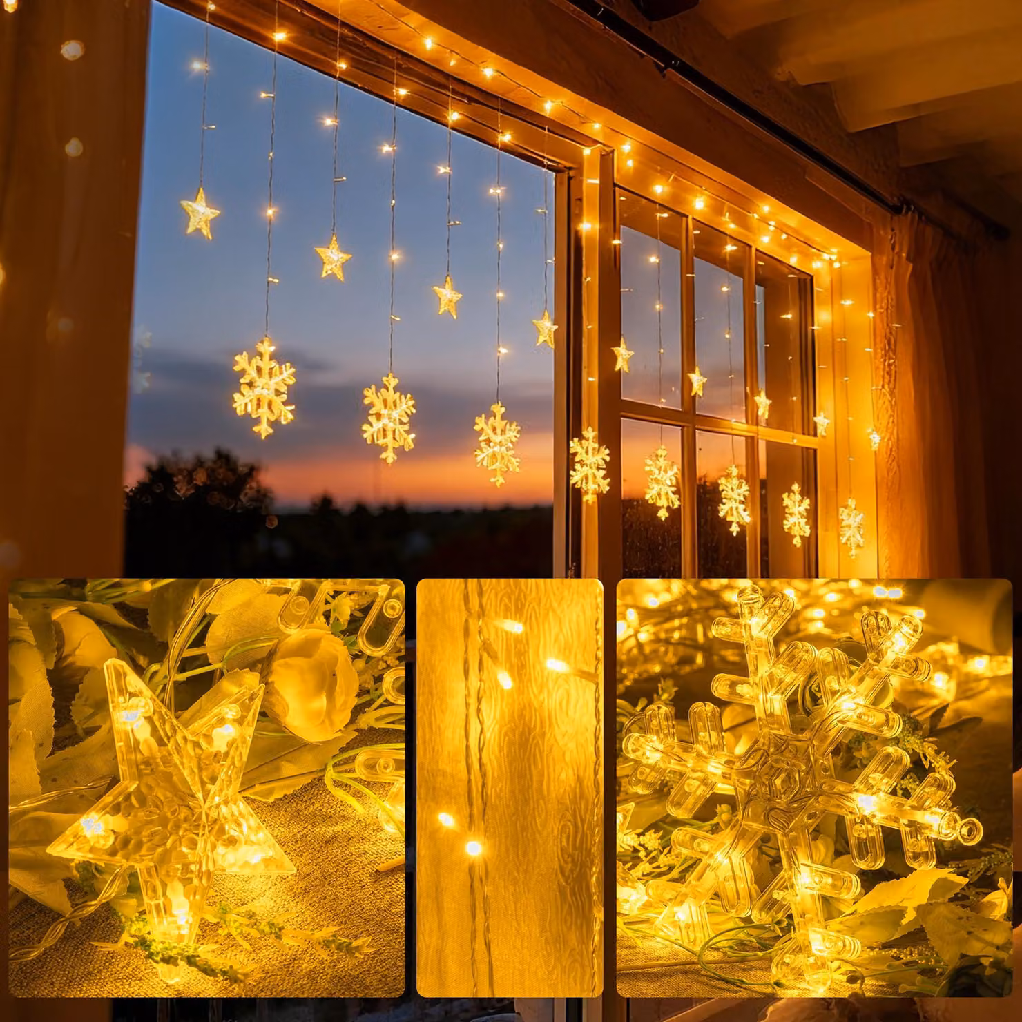 Tenda luminosa a LED a forma di fiocchi di neve e stelle, 150 LED, 2,3 metri, luce bianca calda