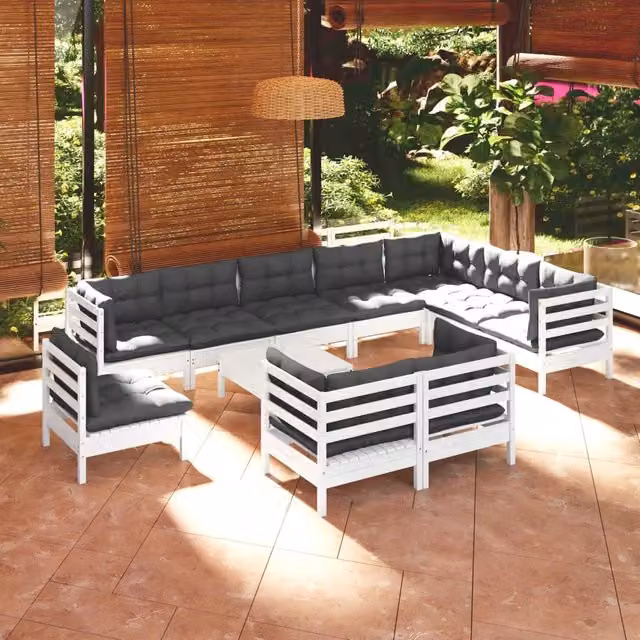 Set Divani da Giardino 11 pz con Cuscini Bianchi Legno di Pino 3096786