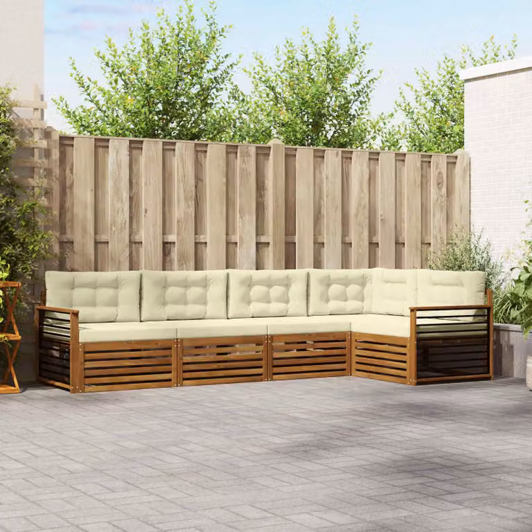 Set di divani da esterno vidaXL 5 pz a forma di L in legno di acacia con cuscini beige e crema