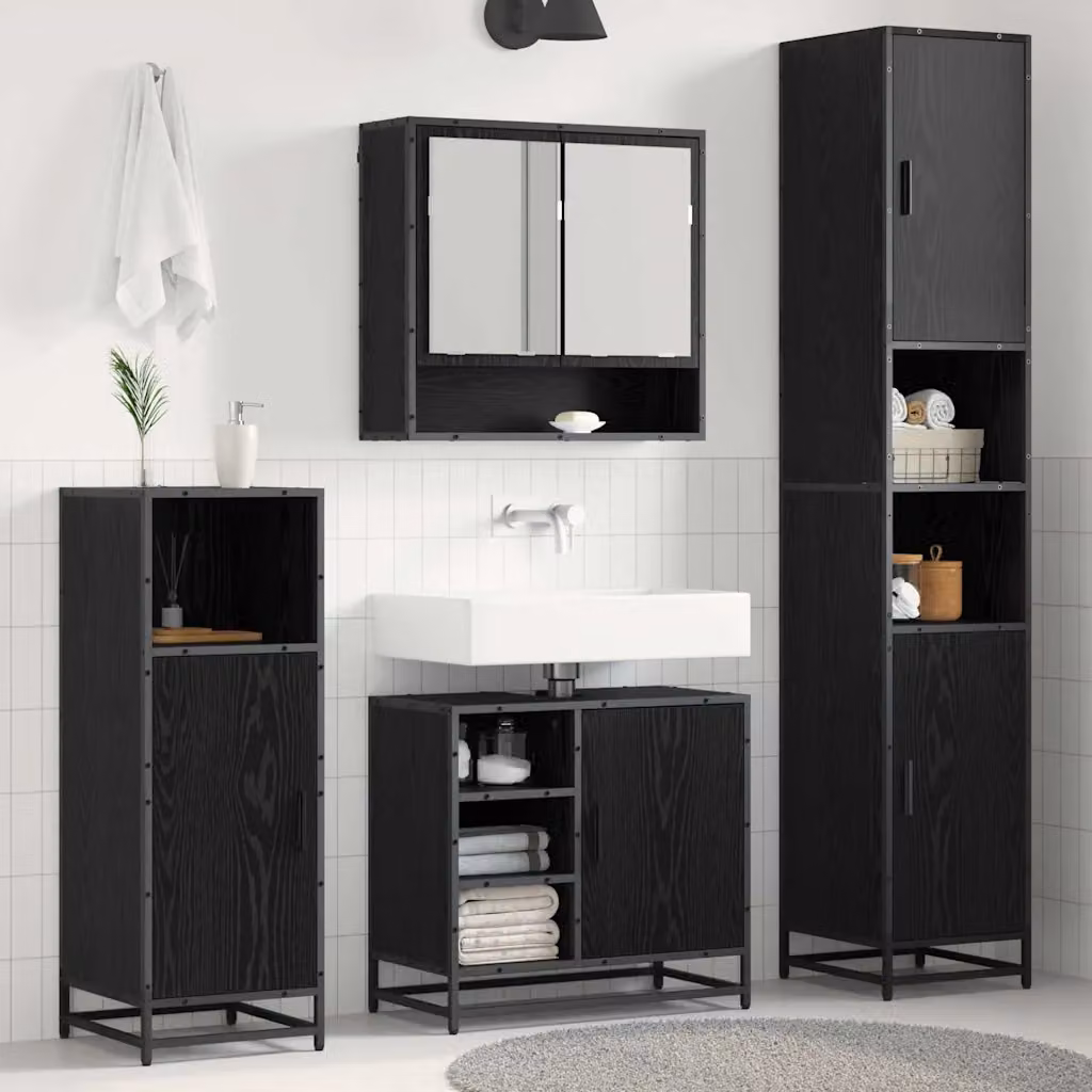 Set di mobili per il bagno moderno vidaXL in legno e metallo nero con specchio, mobile lavabo, mobile alto e mobile laterale – 1