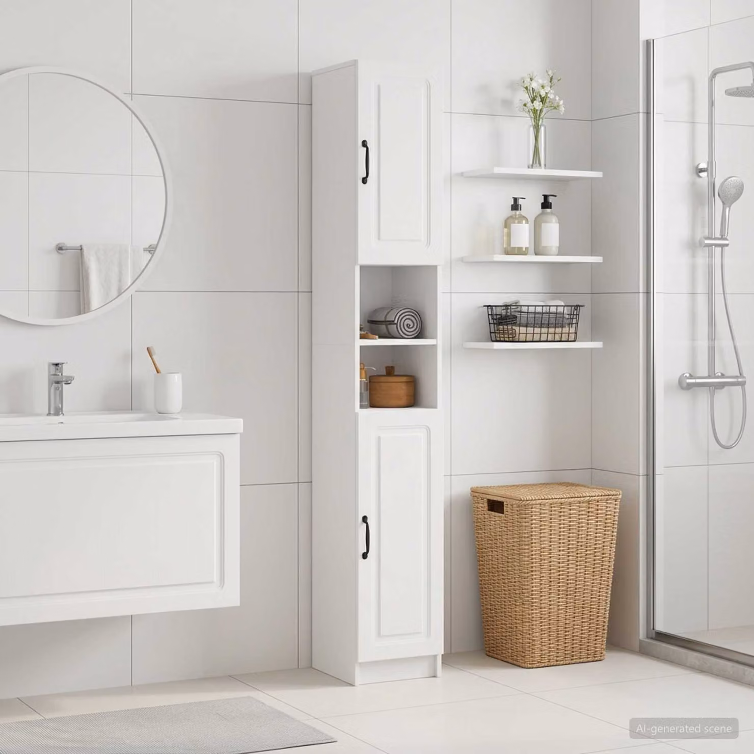 Armadio da bagno moderno vidaXL UTRECHT con ripiani interni e scaffale aperto, Bianco e Nero, L/P/H: 60 x 31 x 187 cm