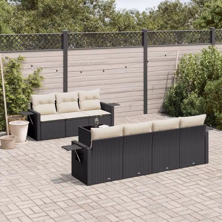 Set Divani da Giardino vidaXL a Forma di L in Polyrattan Nero con Cuscini e Tavolino da Esterno