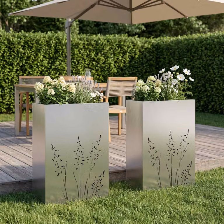 Set di 2 vasi da giardino vidaXL in acciaio inox color argento L: 50 cm, P: 30 cm, H: 75 cm